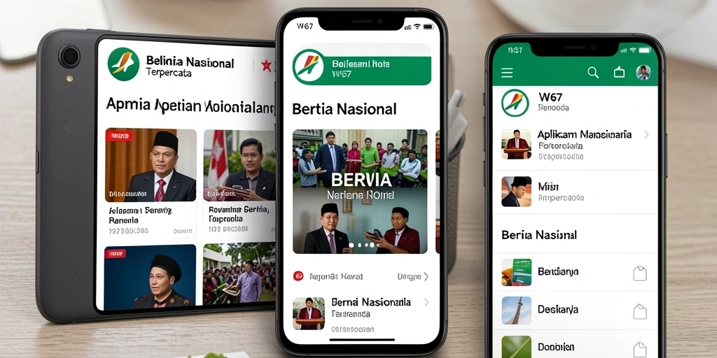 Antarmuka aplikasi W67 yang menampilkan berita nasional terkini.